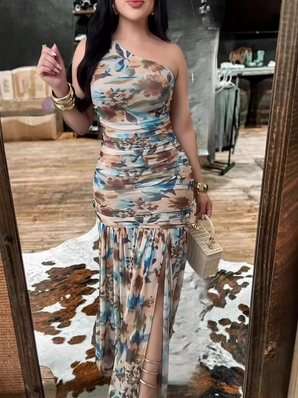 ZARA Women Digital Print One Shoulder Sleeveless Slit Evening Gown